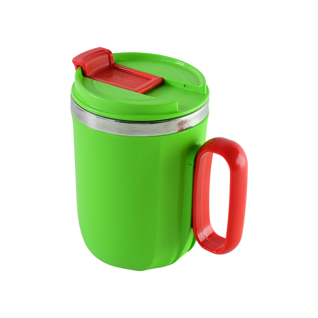 Front view of Supermom insulated mug with panda design and handle