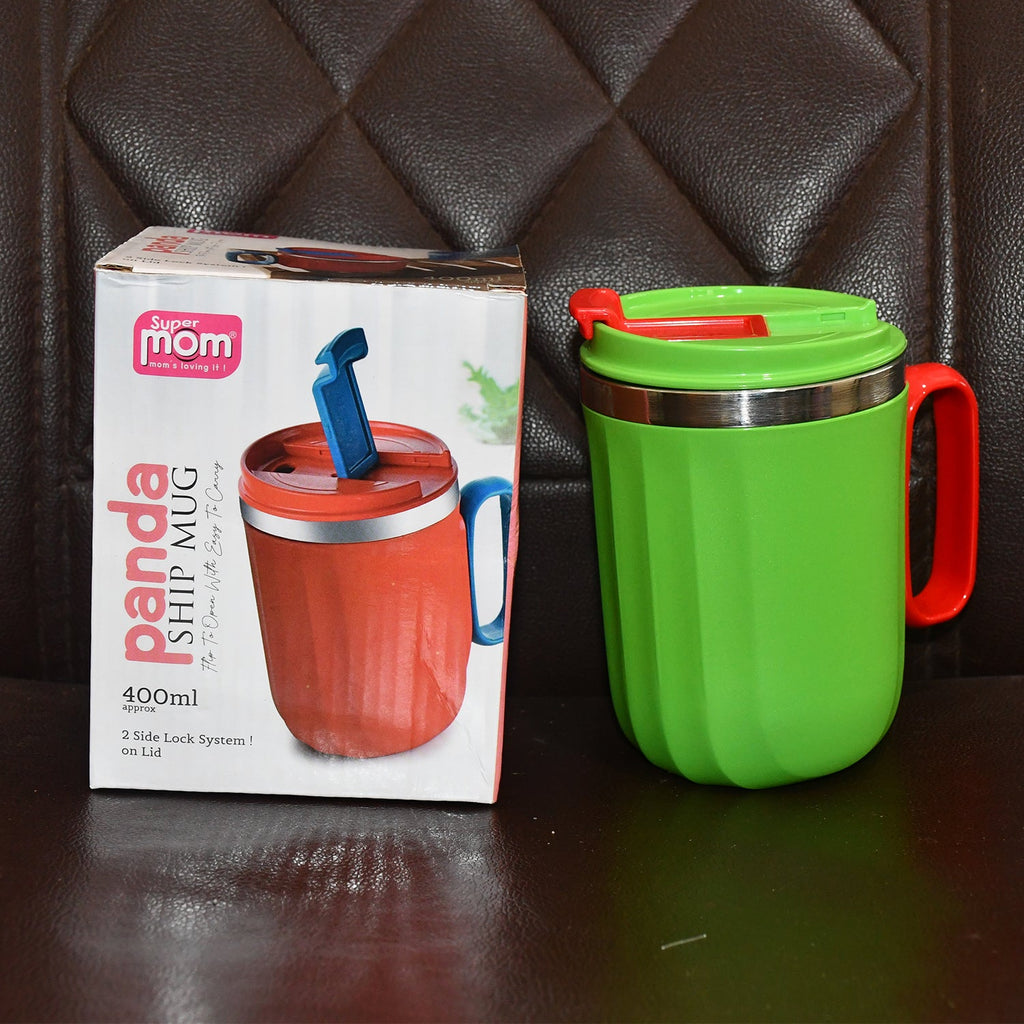 Back view of Supermom insulated spill-resistant panda mug