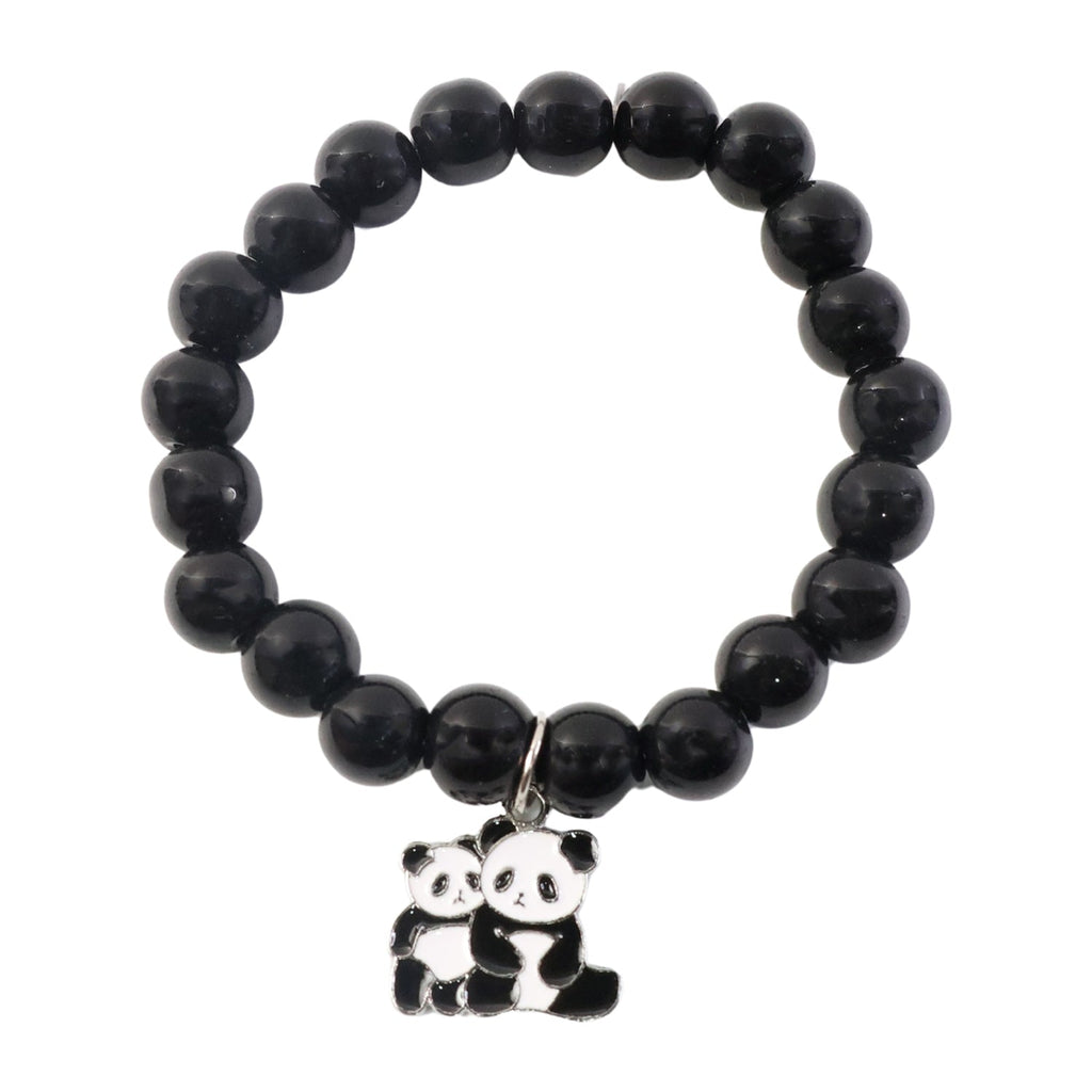 Black beaded stretch bracelet with panda charm shown on a person’s wrist.