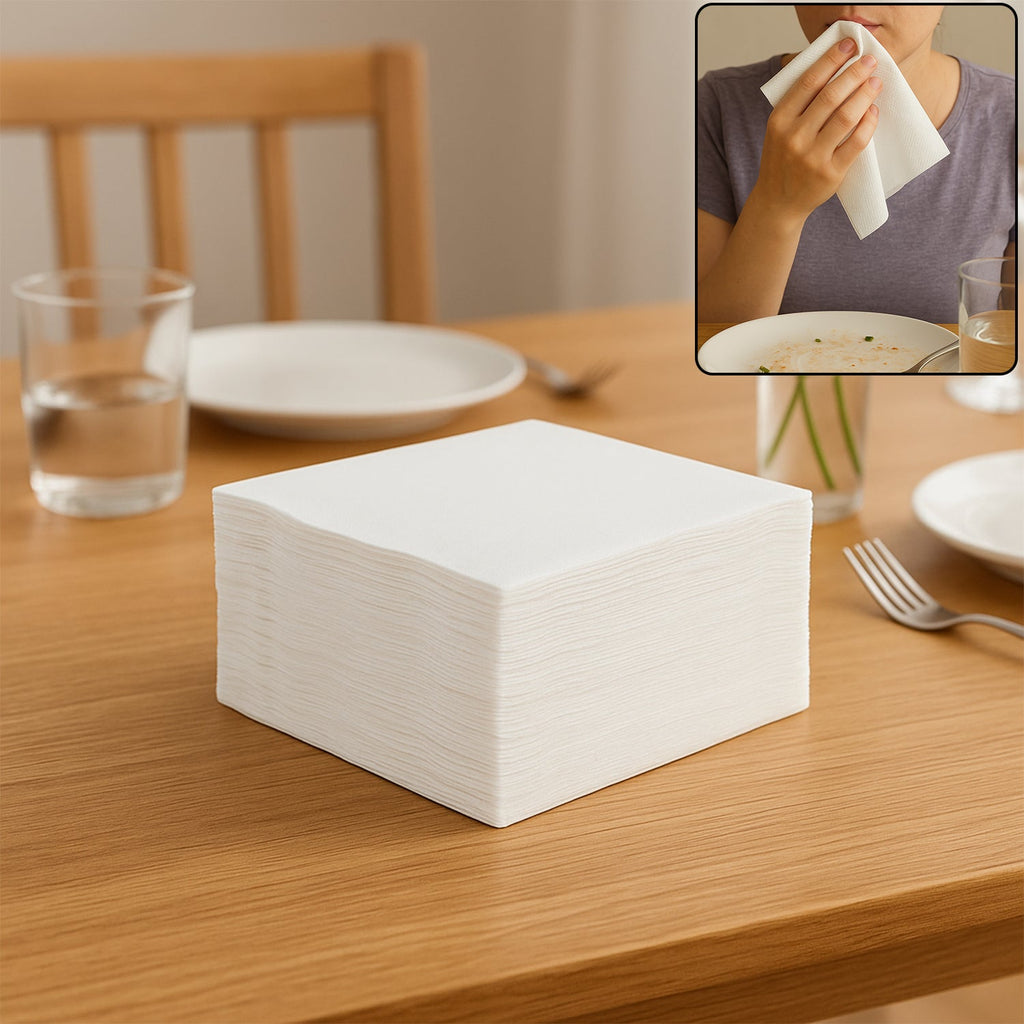 Soft disposable tissue napkins in a 50-piece set for dining use.