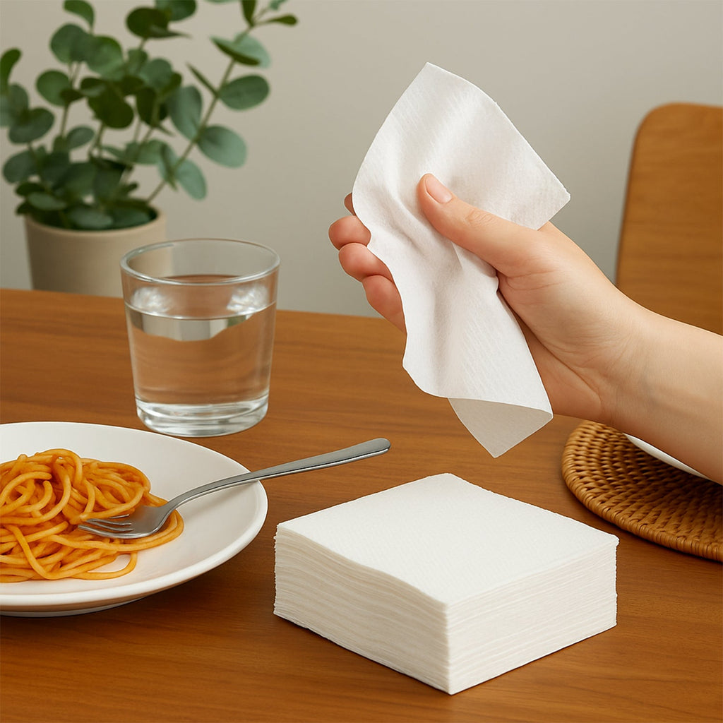 Disposable paper napkins stack for convenient single use.