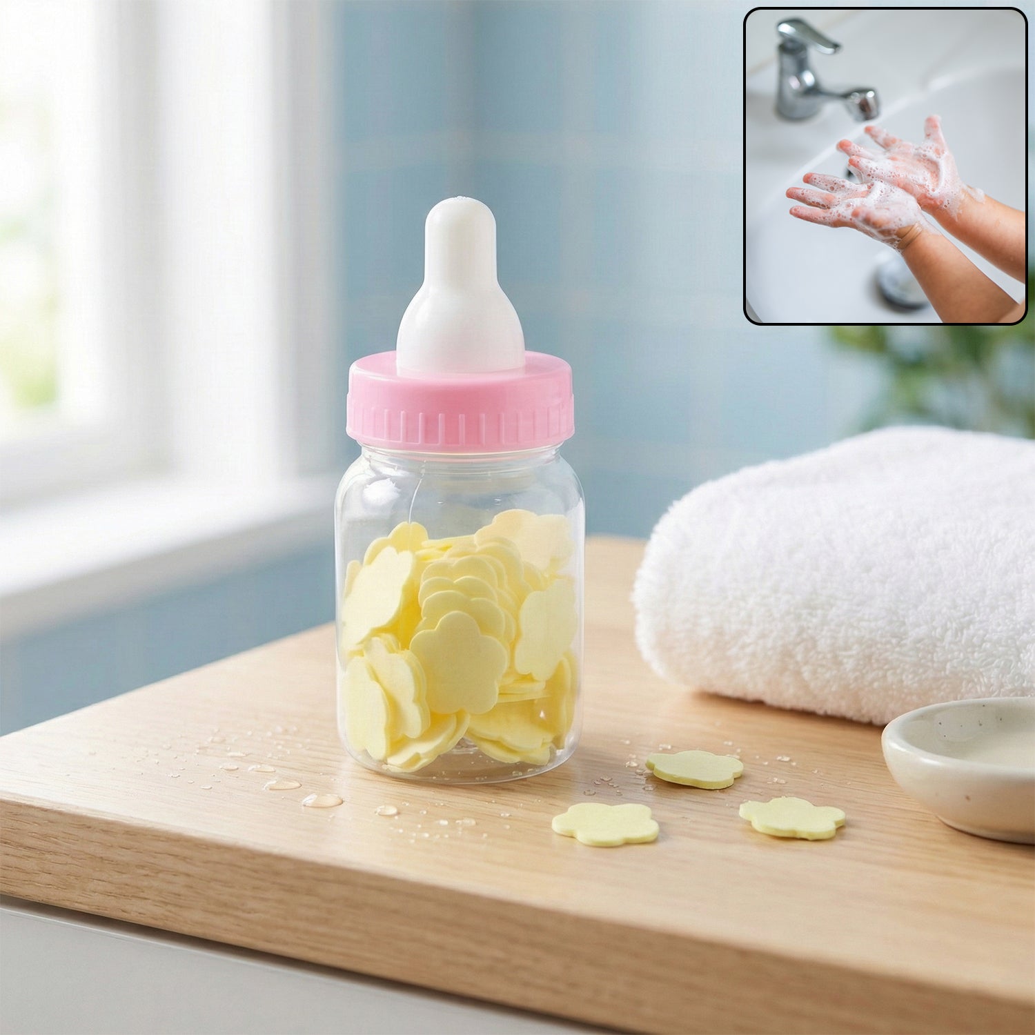Portable baby bottle soap paper sheets set in a compact container for hand hygiene