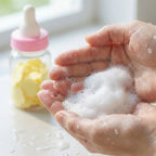 Open baby bottle container revealing neatly stacked soap paper sheets inside