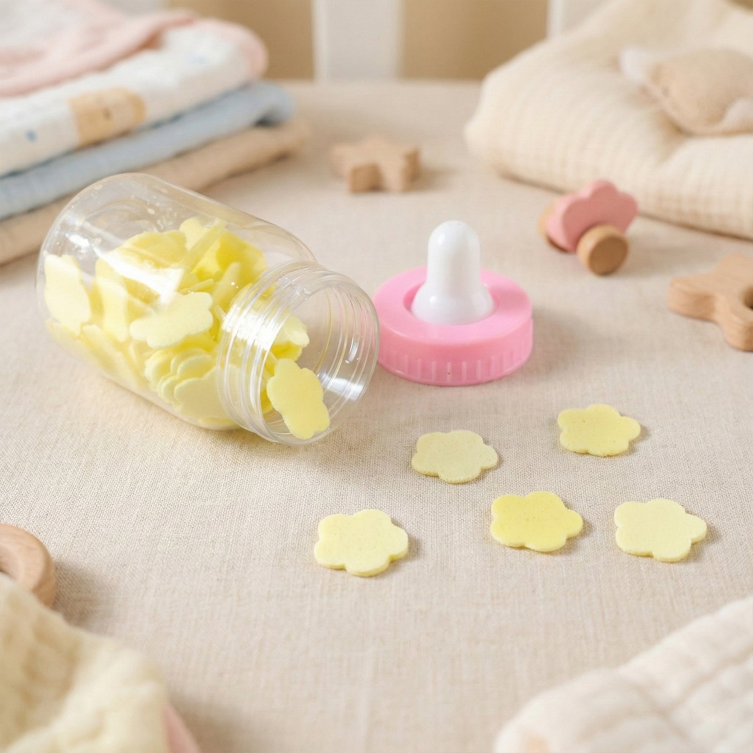 Compact baby bottle soap paper container held in hand showing portability
