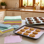 Pre-cut food-grade parchment baking paper sheets in multicolor with scalloped edges.