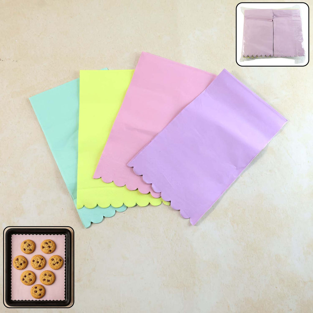 Multicolor decorative baking paper sheets in assorted pastel colors.