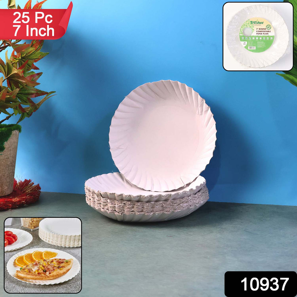 Stacked Freshee 7 inch compostable paper plates made from biodegradeable paper pulp.