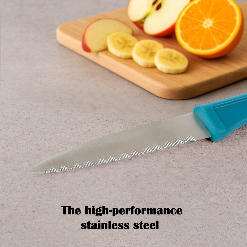 Close-up of surgical-grade stainless steel serrated paring knife