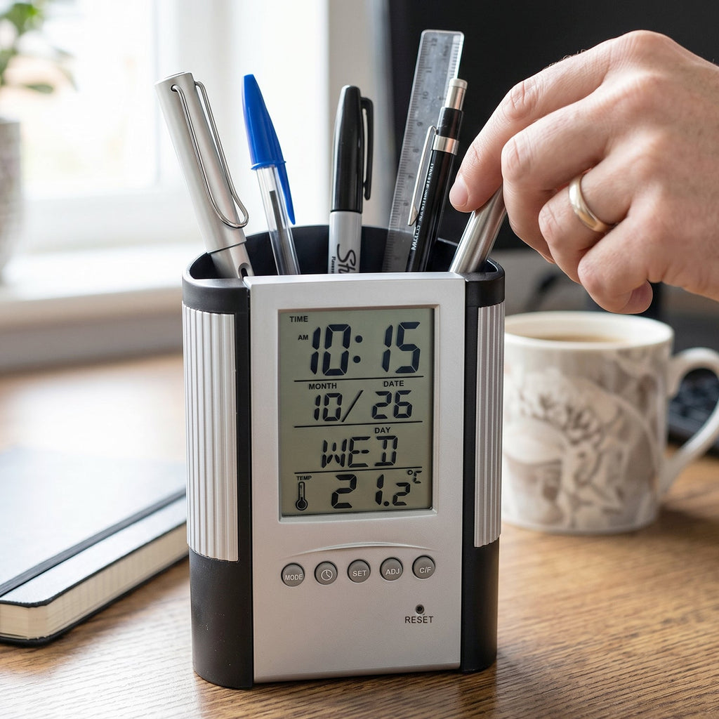 Office desk organizer with digital clock and stationery