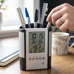 Office desk organizer with digital clock and stationery