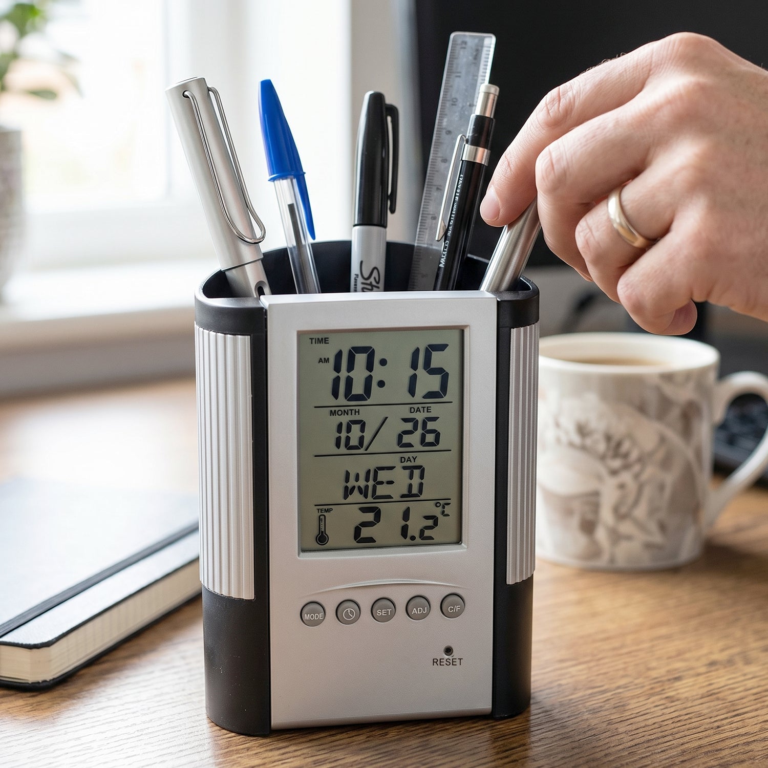 Office desk organizer with digital clock and stationery