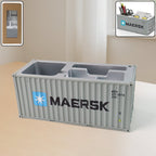 Container-style desk organizer with multiple compartments storing pens and stationery