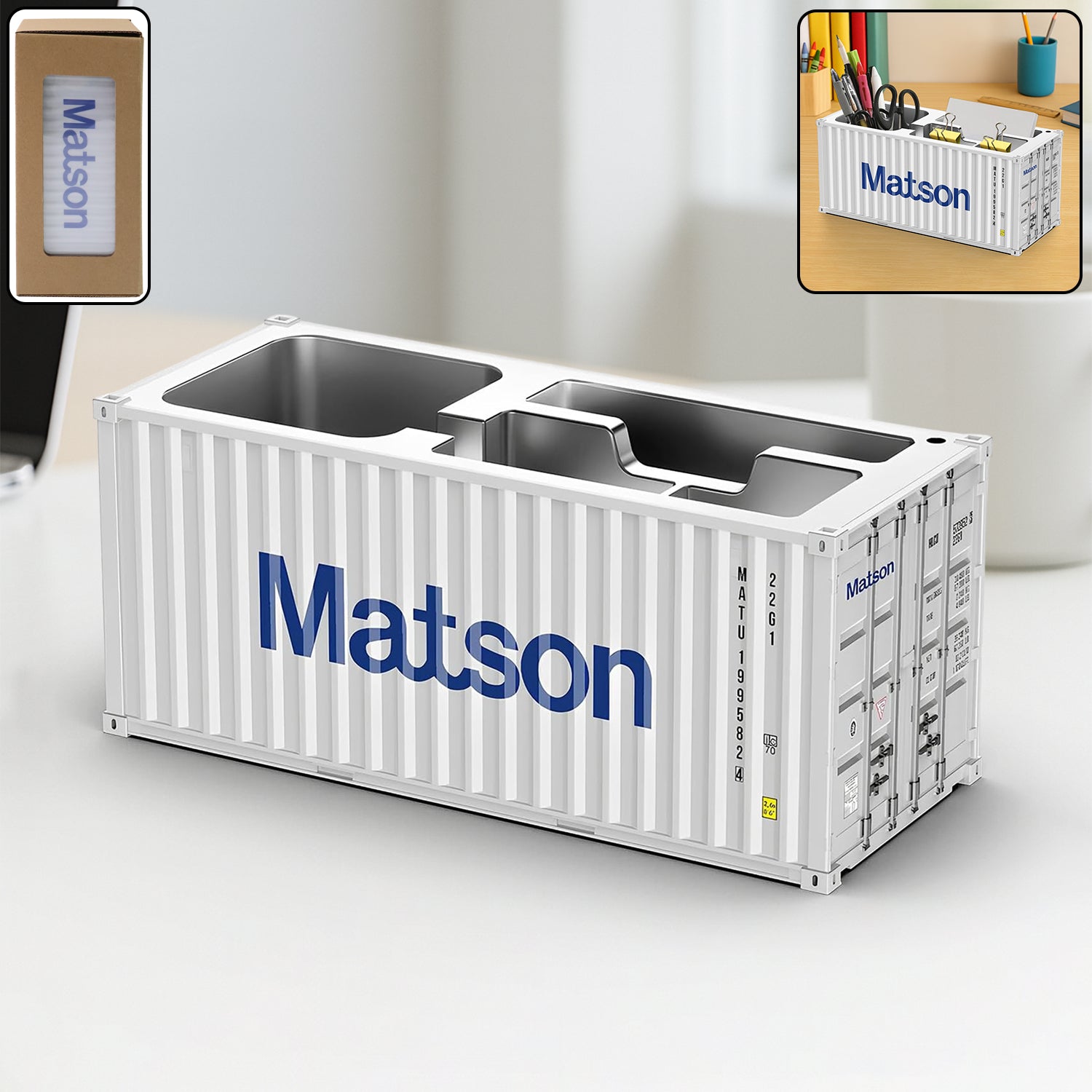 Container-style desk organizer with multiple compartments for pens and stationery