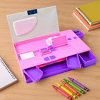 Multi-functional pencil box with dual compartments and calculator