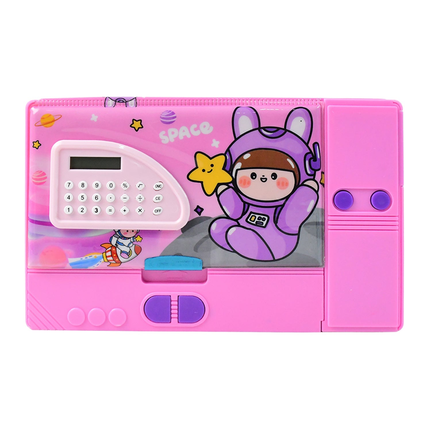 Space design school pencil box with integrated calculator