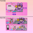 Magazine style pencil box with space print and calculator