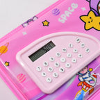Compact dual compartment space themed pencil organizer with calculator