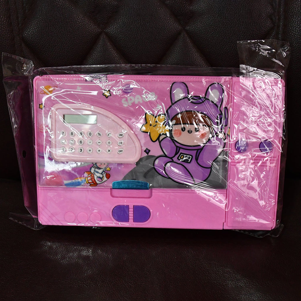 Space themed multifunction pencil box displaying built-in calculator