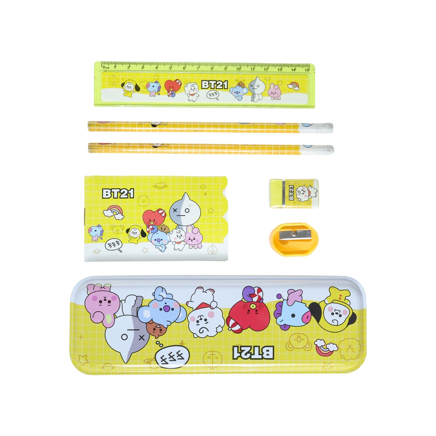 Pencil sharpener within cartoon printed pencil box stationery set