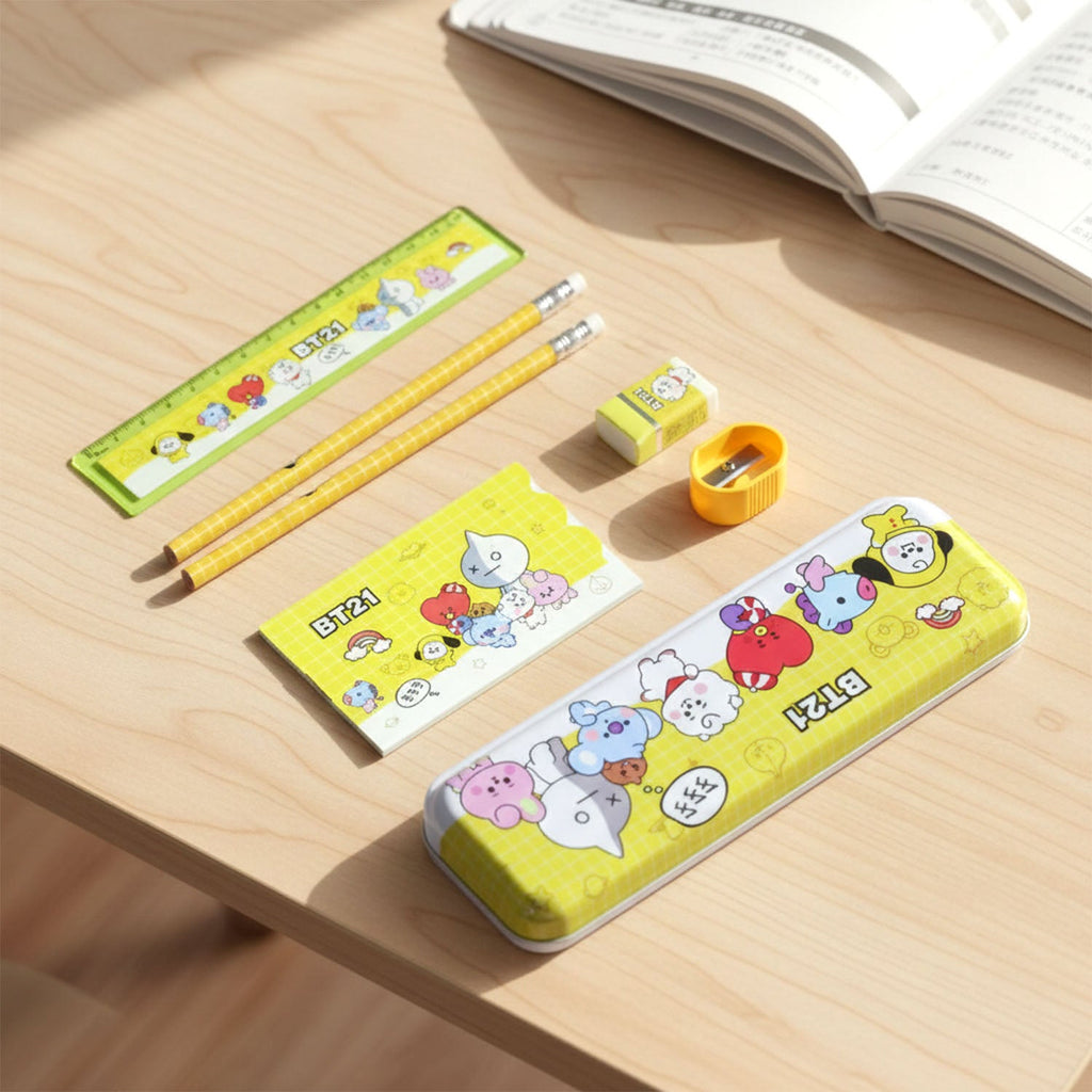 Additional view showing cartoon printed pencil box set with stationery items