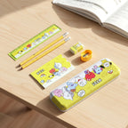 Additional view showing cartoon printed pencil box set with stationery items