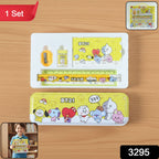 Durable cartoon printed metal pencil case with school supplies inside
