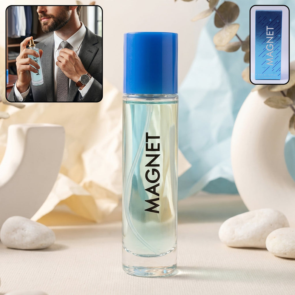 Elegant men's Eau De Parfum spray bottle with blue cap