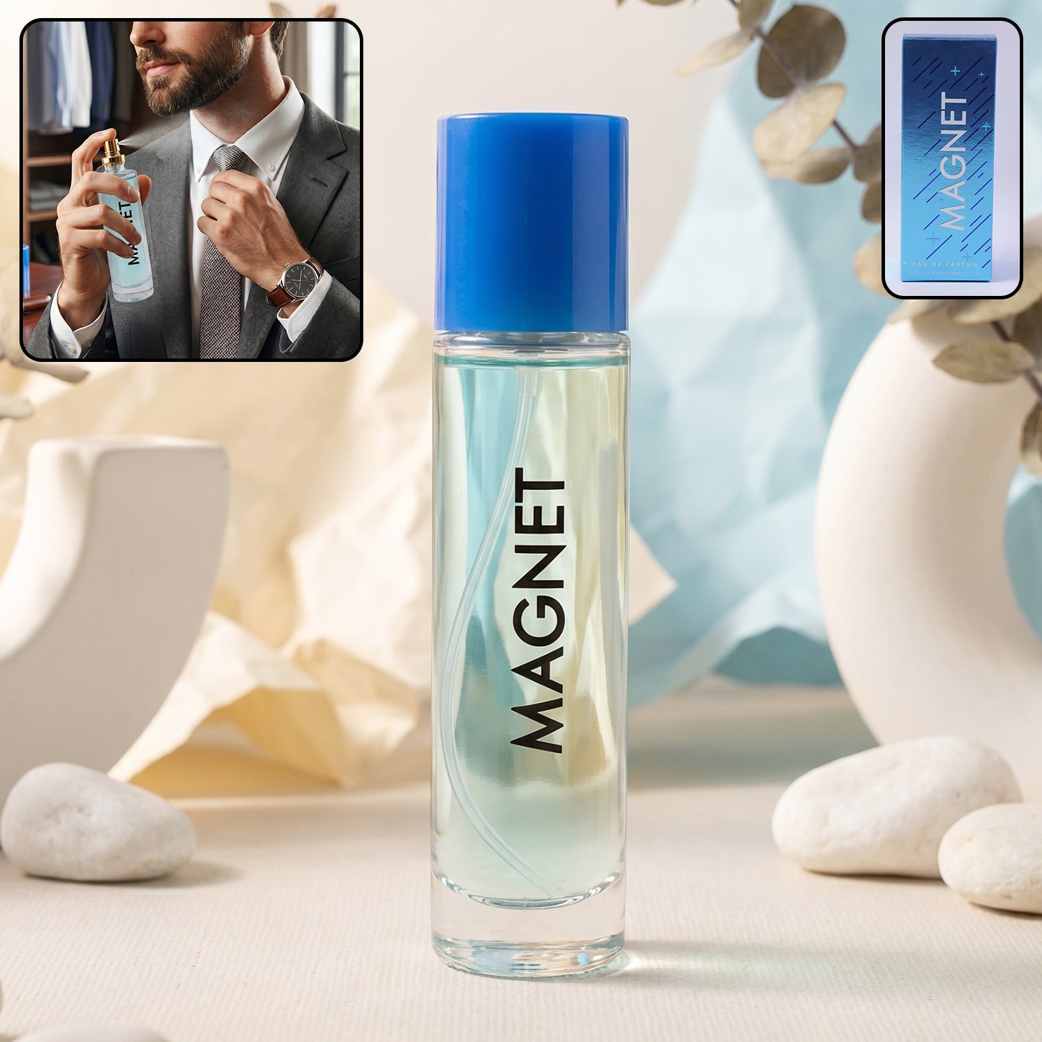 Elegant men's Eau De Parfum spray bottle with blue cap
