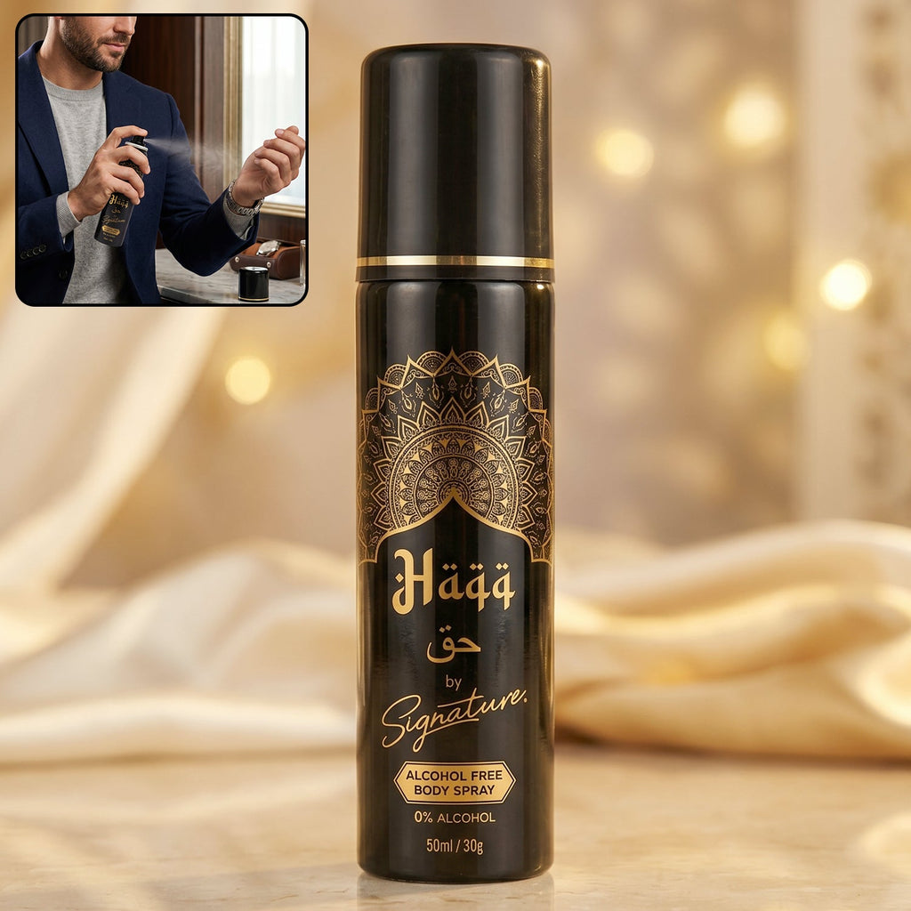 Signature Haqq alcohol-free body spray in black and gold sleek bottle