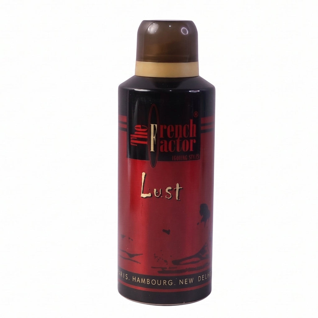 Packaged French Factor Lust Red deodorant spray on a grooming shelf with branding