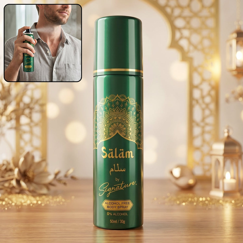 Signature Salam 50 ML men's body spray in green bottle with gold accents