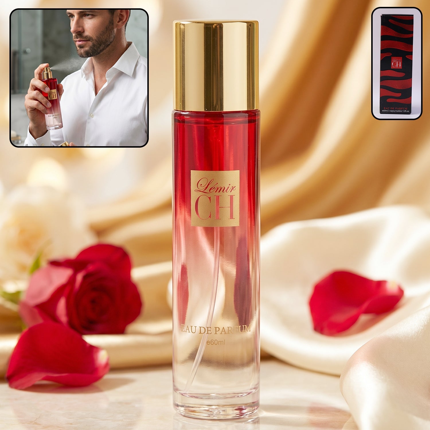 Elegant glass perfume bottle showcasing red ombre design