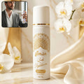 White 50 ML body spray bottle with golden detailing, masculine scent for men
