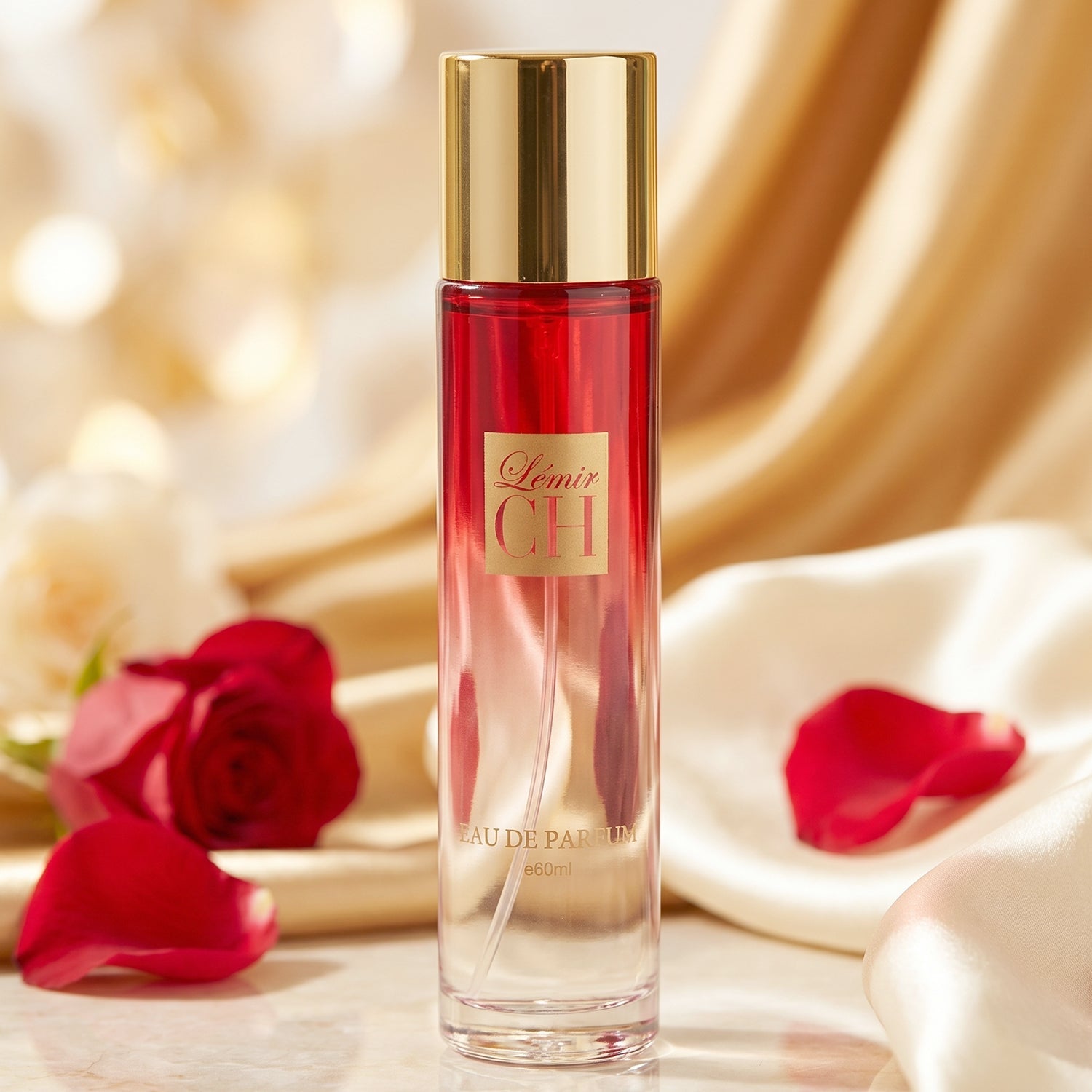 Close-up of Lemir CH Red Eau de Parfum bottle with gold cap