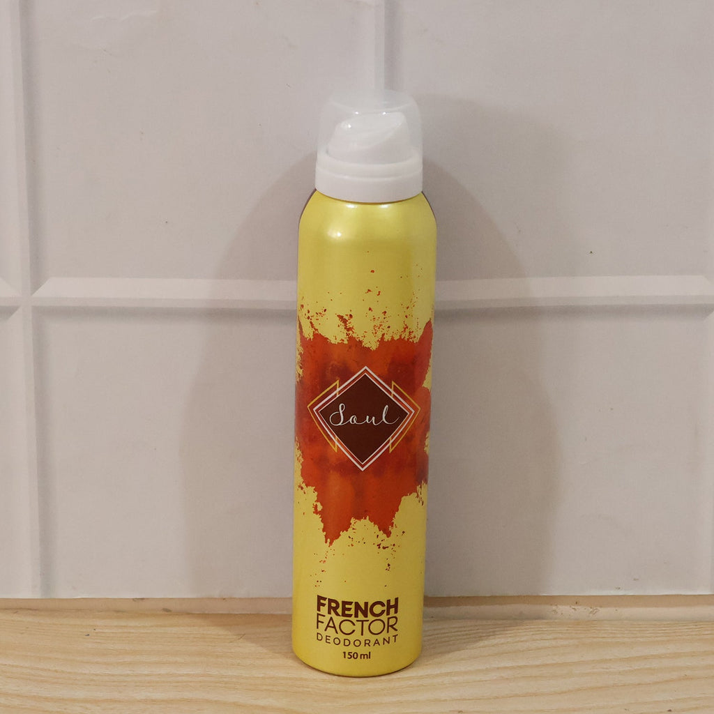 Product display of French Factor Soul deodorant spray