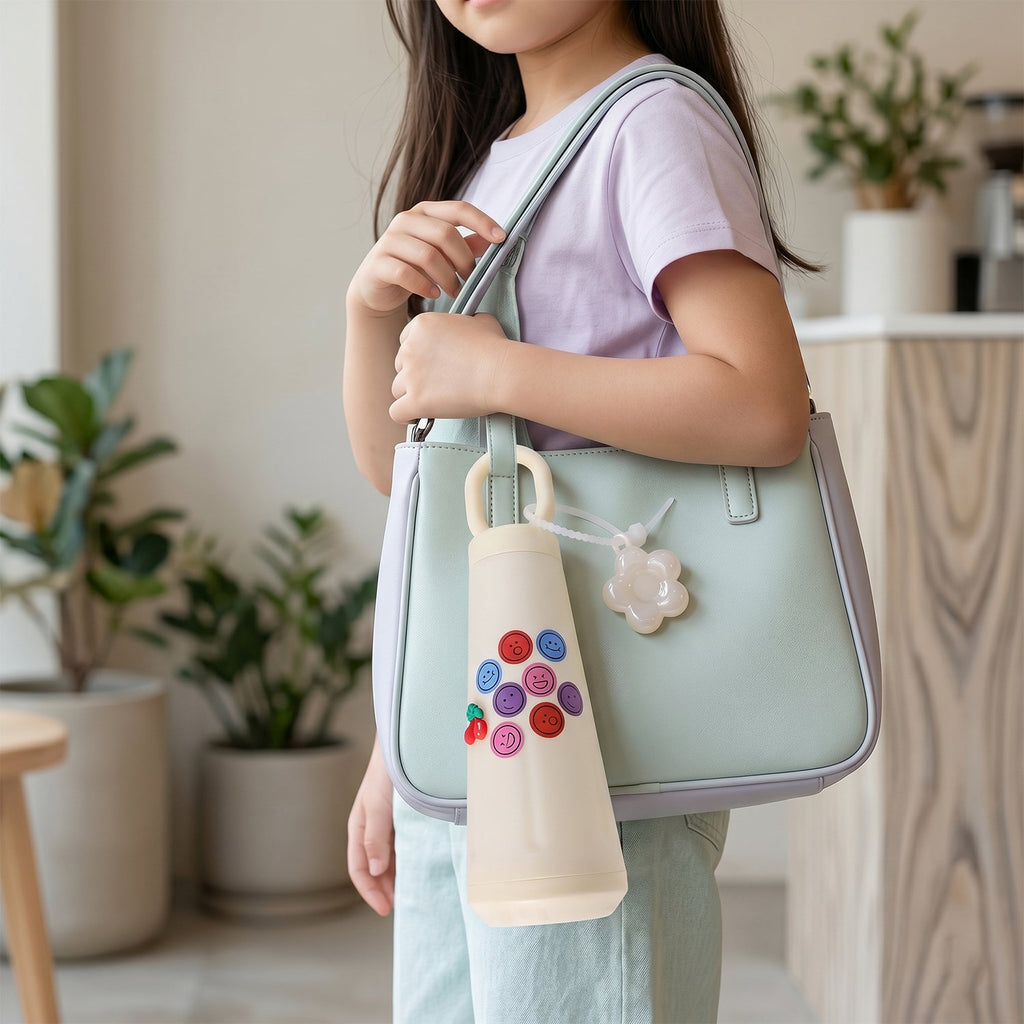 Glass water bottle showcasing cherry motif and flower charm, perfect for on-the-go