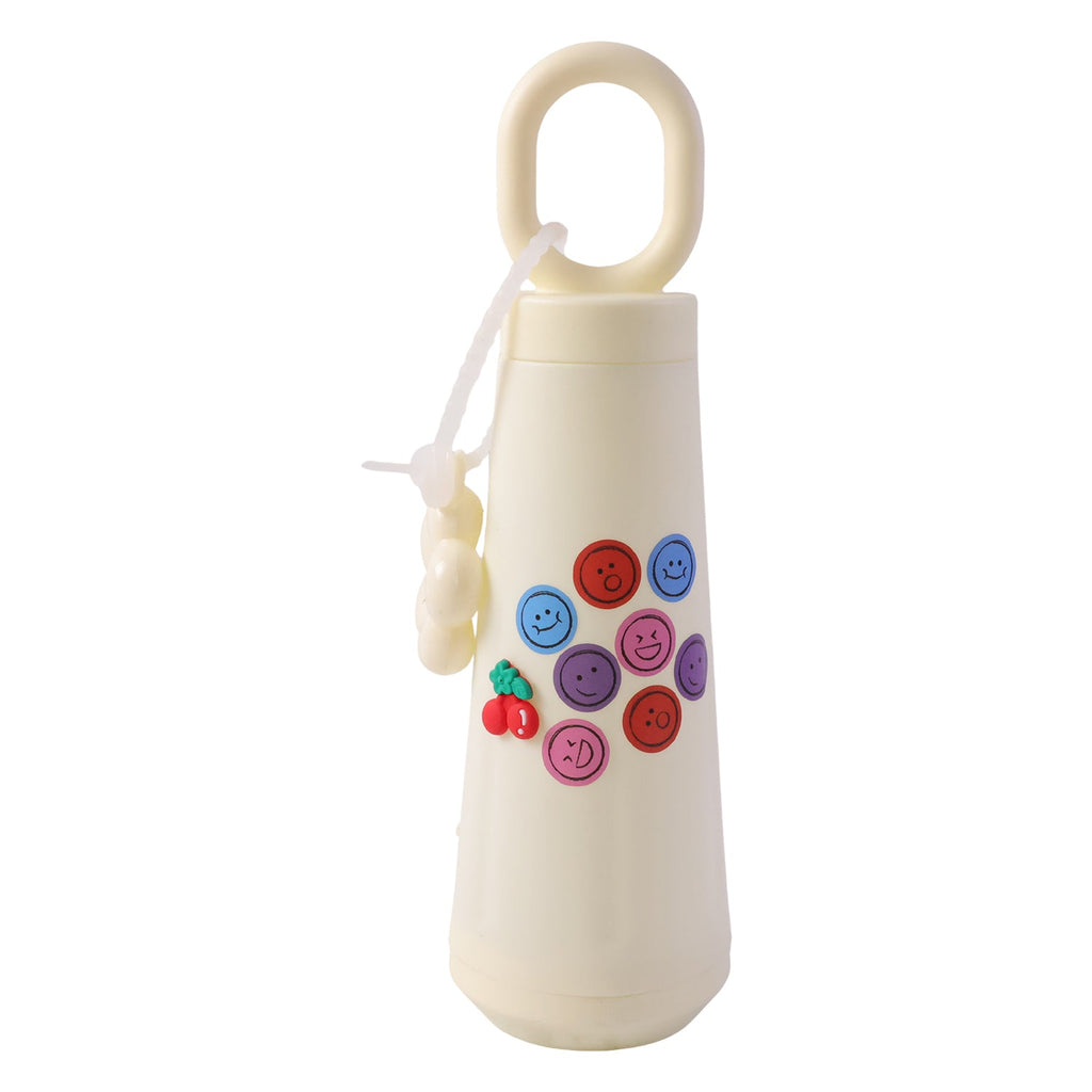 Fun face design on glass water bottle with cherry motif, portable for daily use