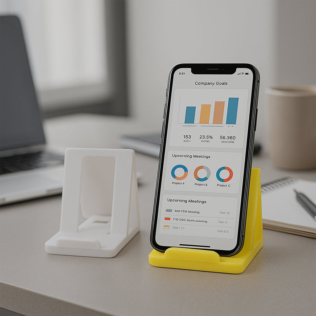 Portable foldable phone stand on table for hands-free mobile use