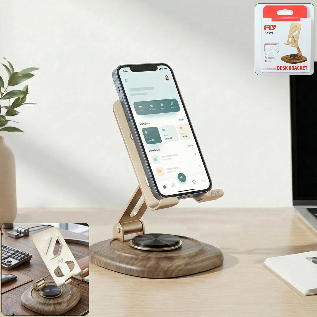 Adjustable metal mobile phone stand with plastic base on a desk
