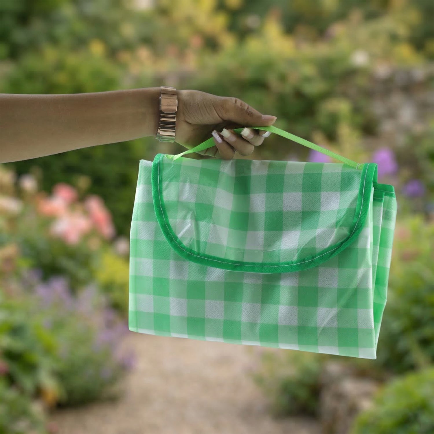 Durable outdoor waterproof picnic mat with fold and carry handle