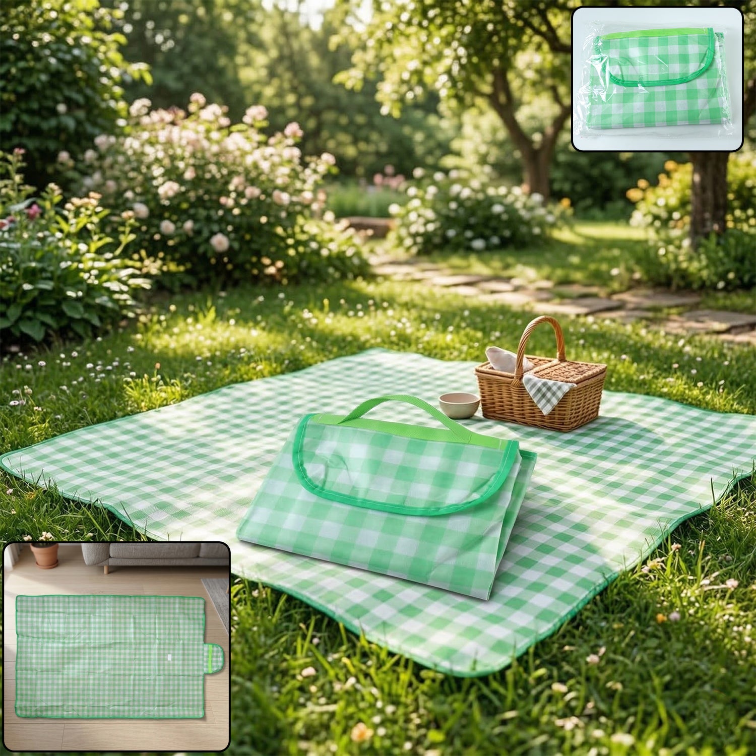 Foldable picnic mat with handle, ideal for outdoor camping and beach trips