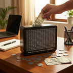 Close-up of clear grid savings tracker on money saving challenge board