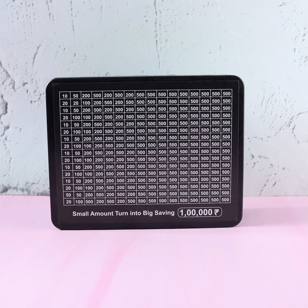 Close-up of money saving challenge board grid and black gel pen
