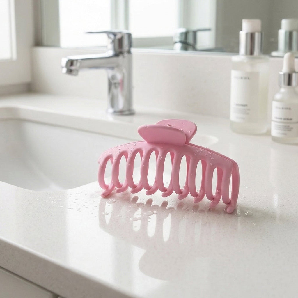 Close-up of pink hair claw clip design