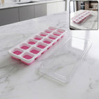 Pink plastic ice cube tray with lid for easy freezing