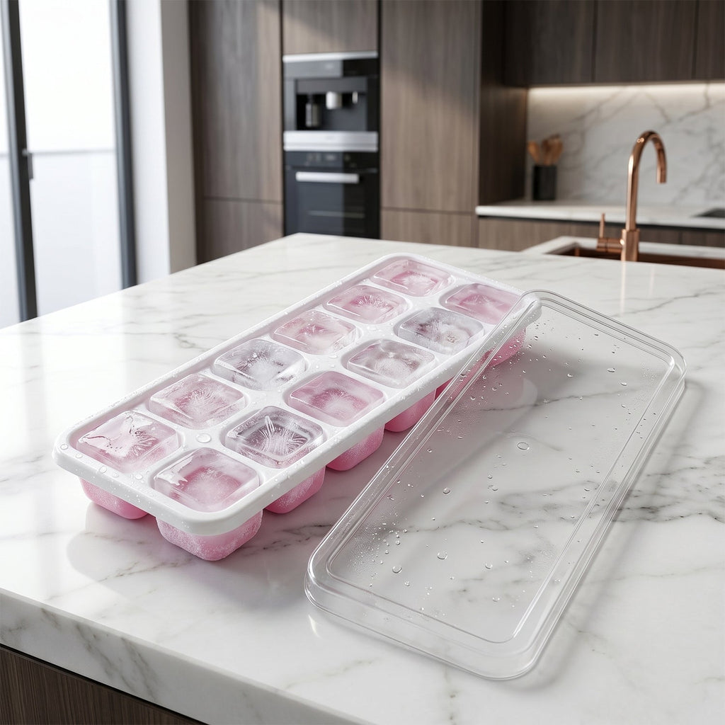 Side view of pink ice cube tray with lid