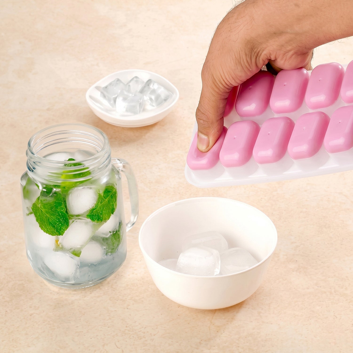 Pink ice cube mold tray with lid for kitchen use