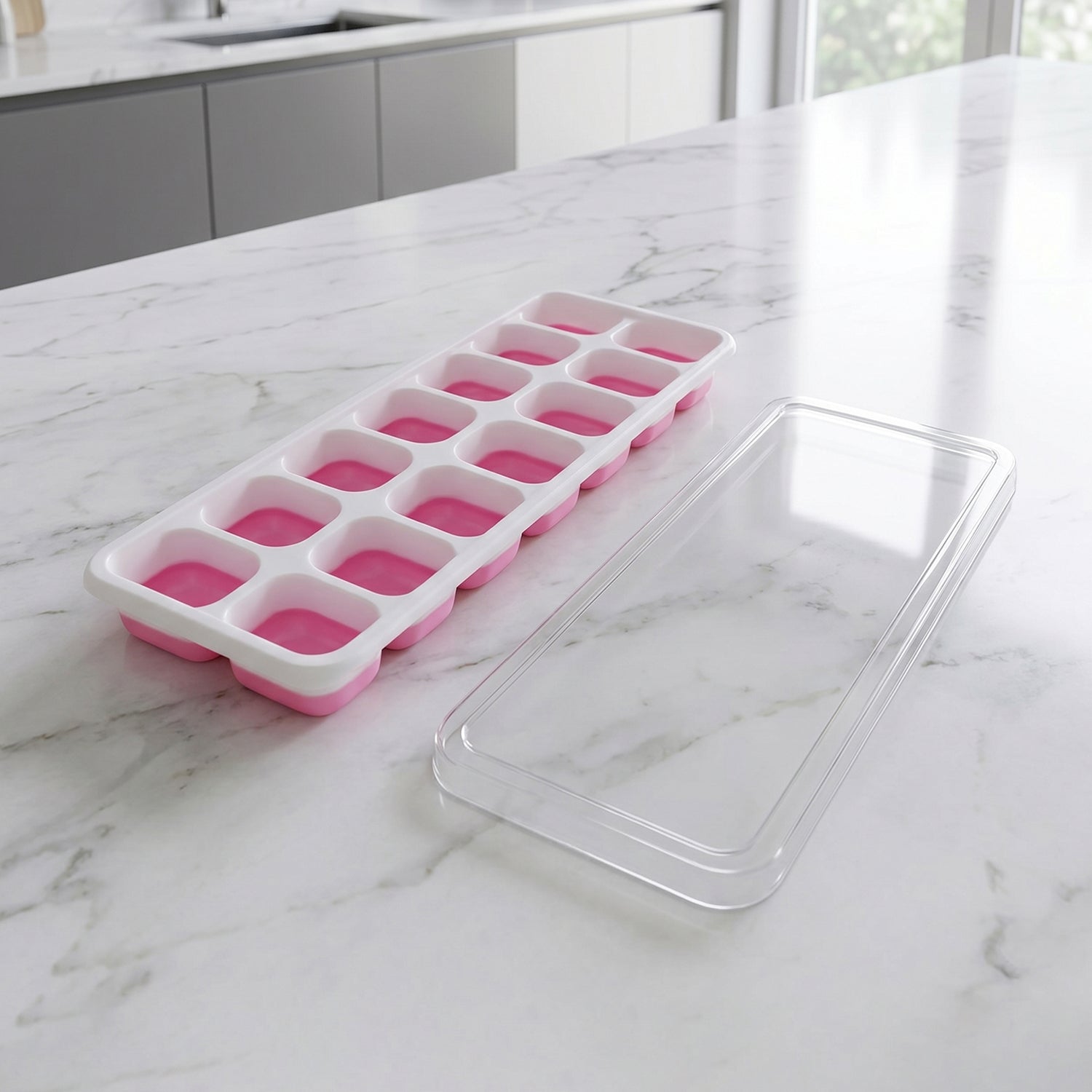 Easy release pink plastic ice cube tray