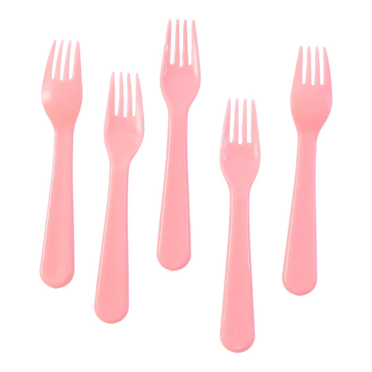 Stack of pink plastic fork spoons, highlighting reusability.