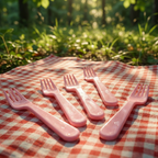 Pink plastic fork spoon with an innovative shape.